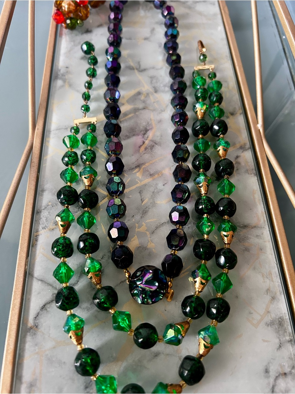 Vintage Aurora Borealis Austrian Crystal Choker Necklace Earrings Purple Green